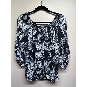 Ariella Black White Tropical Leaf Print Off Shoulder Smocked Knot Front‎  Medium